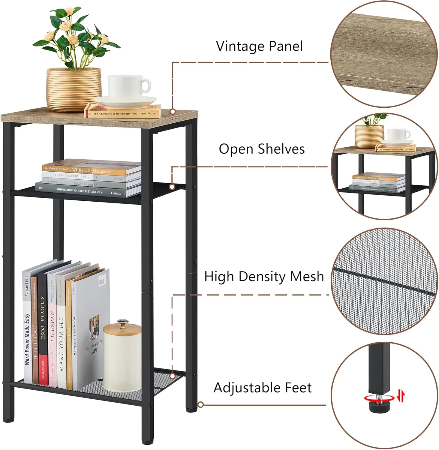 Hoctieon 3 Tier End Table, Telephone Table, Tall Side Table with Storage, Small Nightstand for Small Spaces, Metal Frame, For Living Room, Bedroom, Sofa Couch, Hall, Easy Assembly, Greige