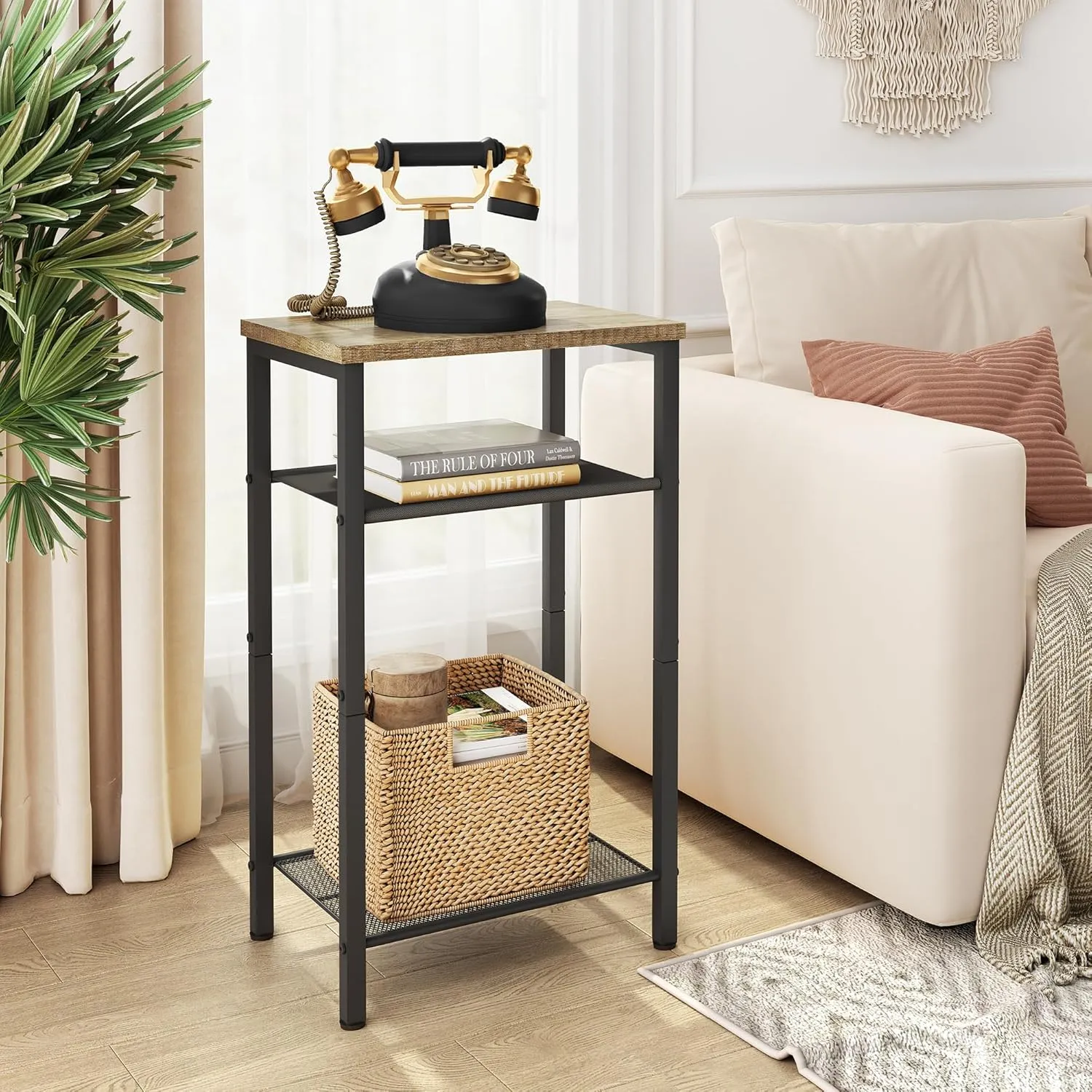 Hoctieon 3 Tier End Table, Telephone Table, Tall Side Table with Storage, Small Nightstand for Small Spaces, Metal Frame, For Living Room, Bedroom, Sofa Couch, Hall, Easy Assembly, Greige
