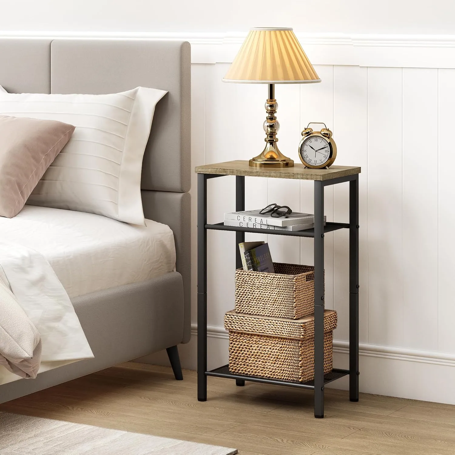 Hoctieon 3 Tier End Table, Telephone Table, Tall Side Table with Storage, Small Nightstand for Small Spaces, Metal Frame, For Living Room, Bedroom, Sofa Couch, Hall, Easy Assembly, Greige
