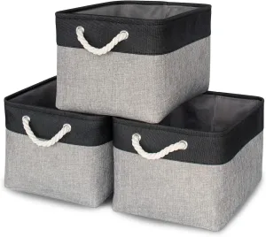 HOdo Home Fabric Storage Bin with Drawstring Closure and 2 Bold Handles, Collapsible Large Canvas Storage Baskets for Organizing Shelf Nursery Home (Black and Grey, 15.8L×11.8W×9.5H - 3Pack)