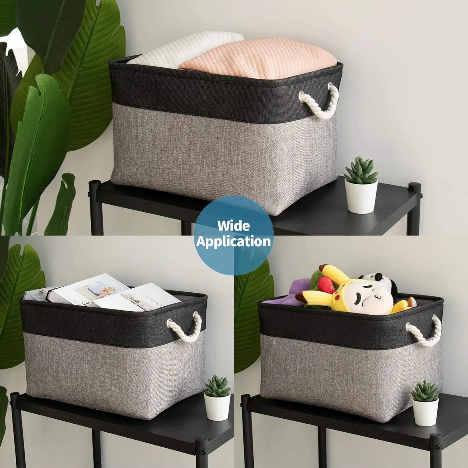 HOdo Home Fabric Storage Bin with Drawstring Closure and 2 Bold Handles, Collapsible Large Canvas Storage Baskets for Organizing Shelf Nursery Home (Black and Grey, 15.8L×11.8W×9.5H - 3Pack)