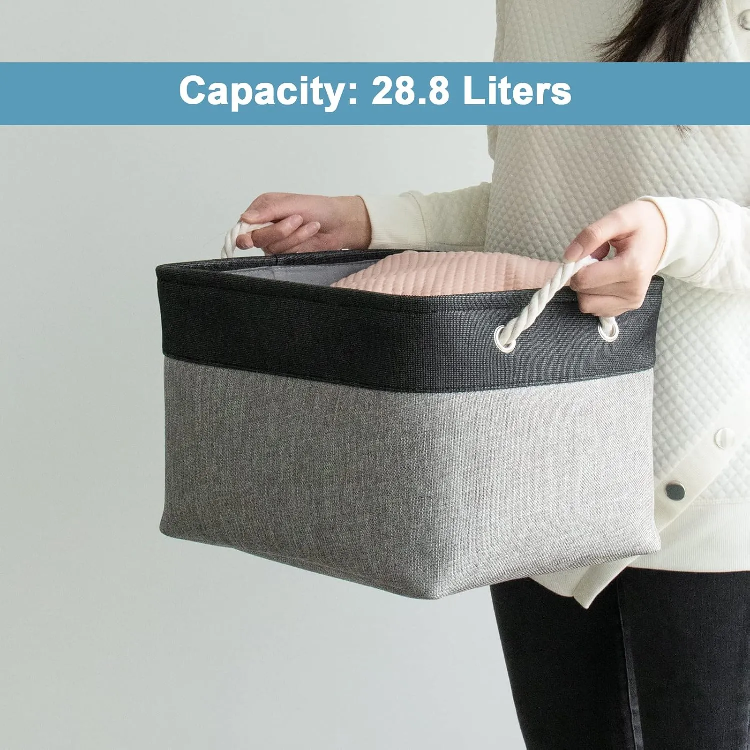 HOdo Home Fabric Storage Bin with Drawstring Closure and 2 Bold Handles, Collapsible Large Canvas Storage Baskets for Organizing Shelf Nursery Home (Black and Grey, 15.8L×11.8W×9.5H - 3Pack)