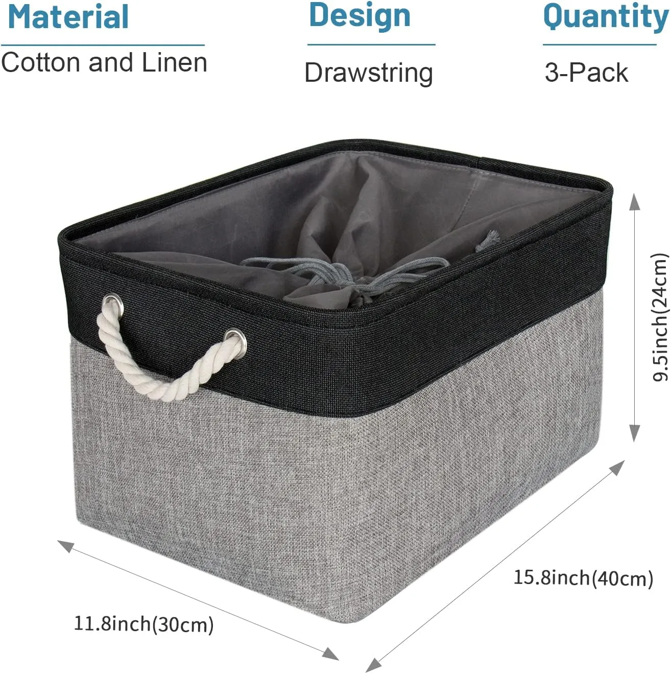 HOdo Home Fabric Storage Bin with Drawstring Closure and 2 Bold Handles, Collapsible Large Canvas Storage Baskets for Organizing Shelf Nursery Home (Black and Grey, 15.8L×11.8W×9.5H - 3Pack)