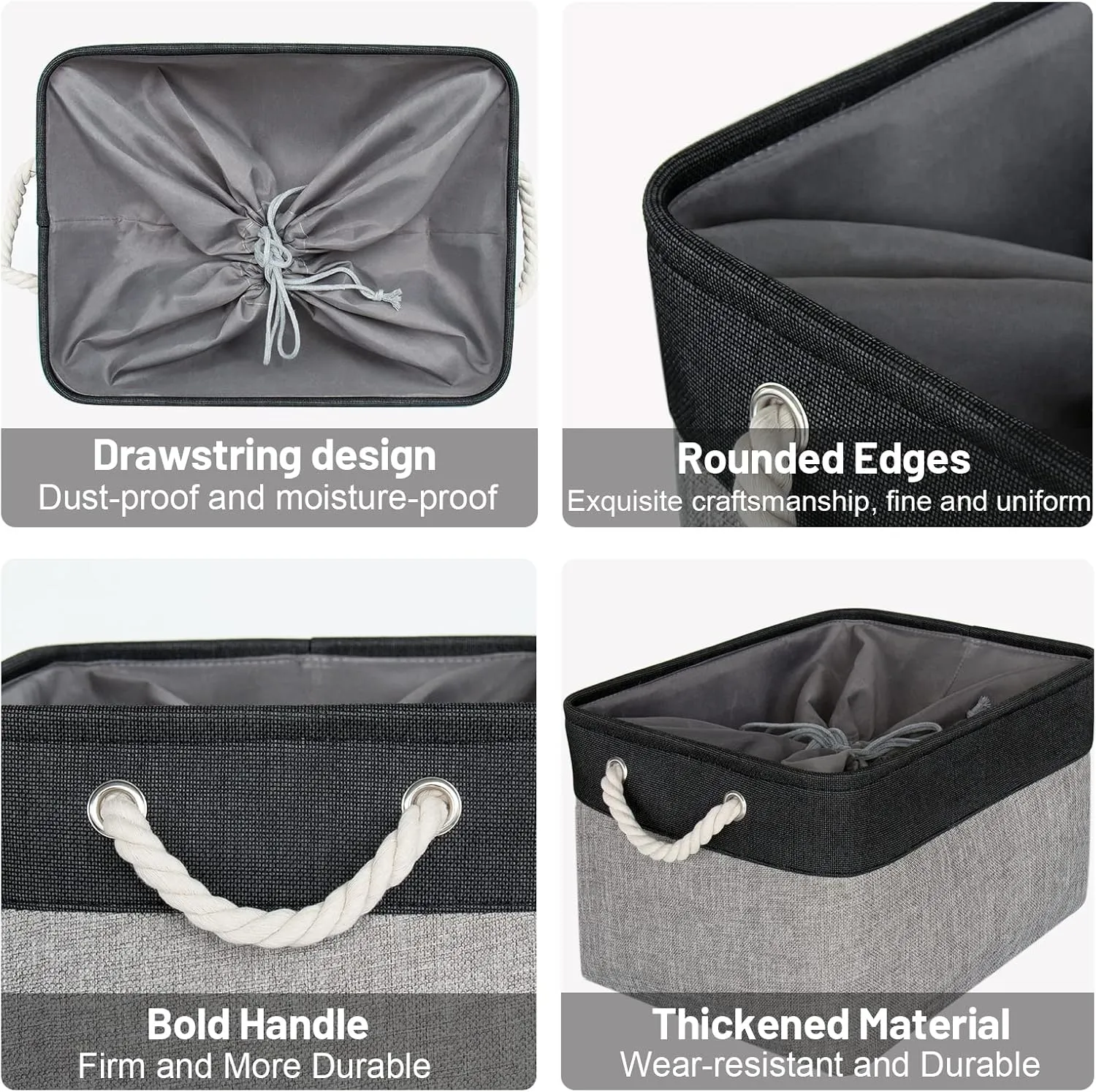 HOdo Home Fabric Storage Bin with Drawstring Closure and 2 Bold Handles, Collapsible Large Canvas Storage Baskets for Organizing Shelf Nursery Home (Black and Grey, 15.8L×11.8W×9.5H - 3Pack)