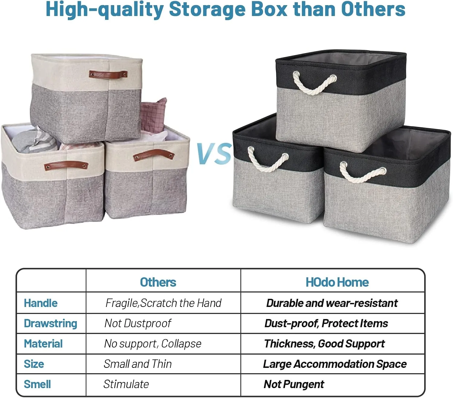 HOdo Home Fabric Storage Bin with Drawstring Closure and 2 Bold Handles, Collapsible Large Canvas Storage Baskets for Organizing Shelf Nursery Home (Black and Grey, 15.8L×11.8W×9.5H - 3Pack)