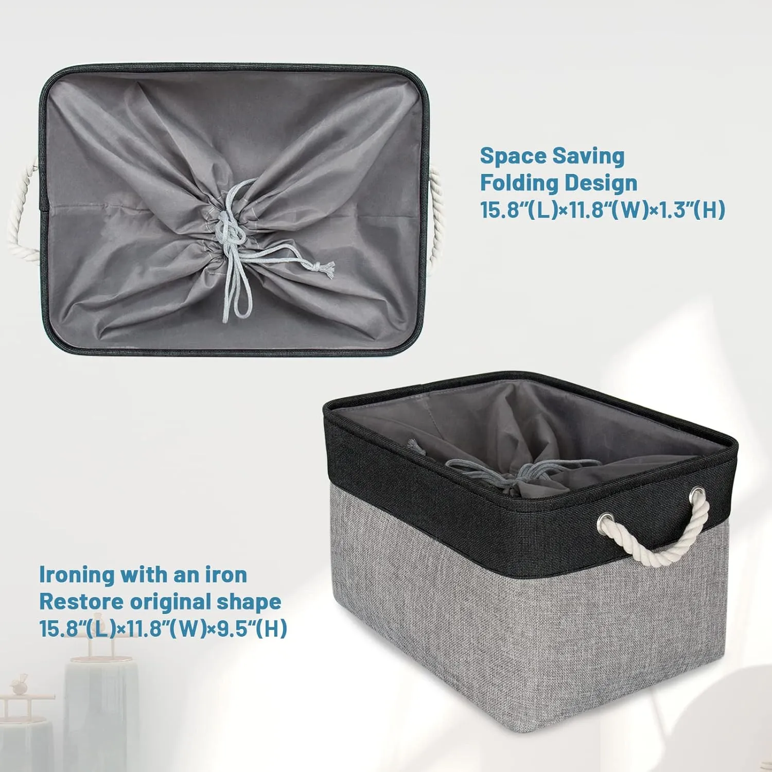 HOdo Home Fabric Storage Bin with Drawstring Closure and 2 Bold Handles, Collapsible Large Canvas Storage Baskets for Organizing Shelf Nursery Home (Black and Grey, 15.8L×11.8W×9.5H - 3Pack)
