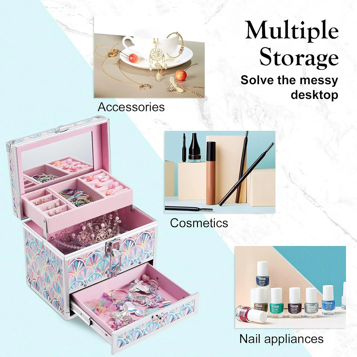 Hododou Girls Jewelry Box Organizer with Drawer & Mirror, Mermaid Tail Style Lockable Storage Case for Kid or Little Girls Jewelry and Hair Accessories