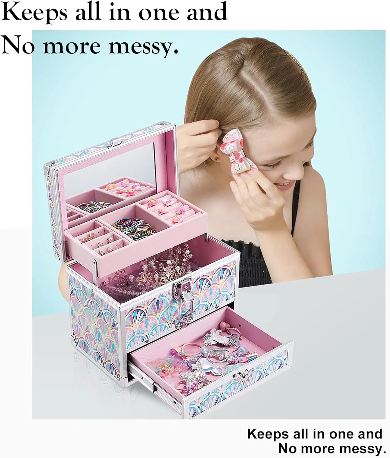 Hododou Girls Jewelry Box Organizer with Drawer & Mirror, Mermaid Tail Style Lockable Storage Case for Kid or Little Girls Jewelry and Hair Accessories