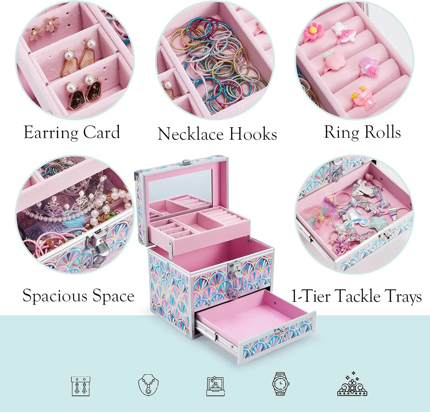 Hododou Girls Jewelry Box Organizer with Drawer & Mirror, Mermaid Tail Style Lockable Storage Case for Kid or Little Girls Jewelry and Hair Accessories