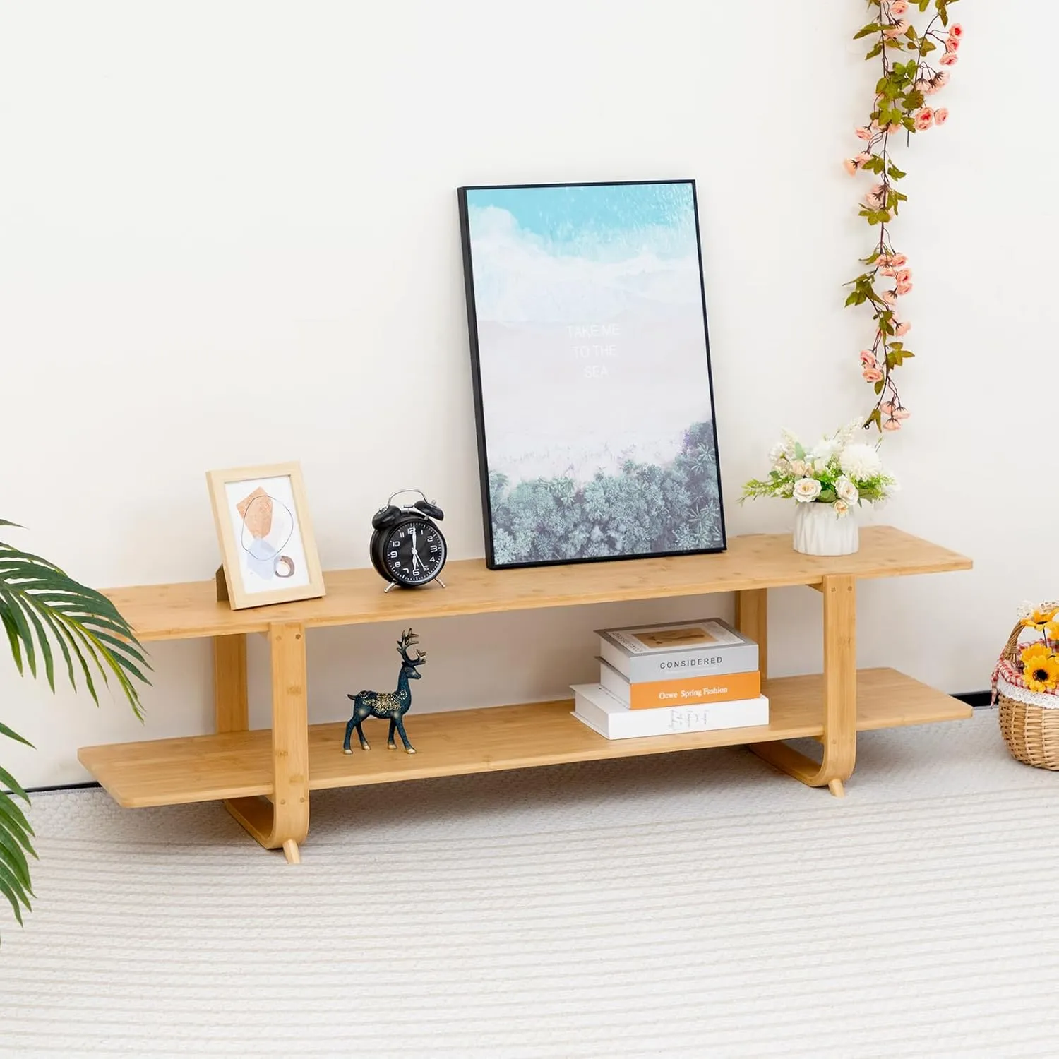 HollyHOME Bamboo TV Stand with Storage for TVs up to 65'', Modern Entertainment Center with 2 Open Shelf, Accent TV Media Console Table for Living Room, Bedroom, 55"(L), Burlywood
