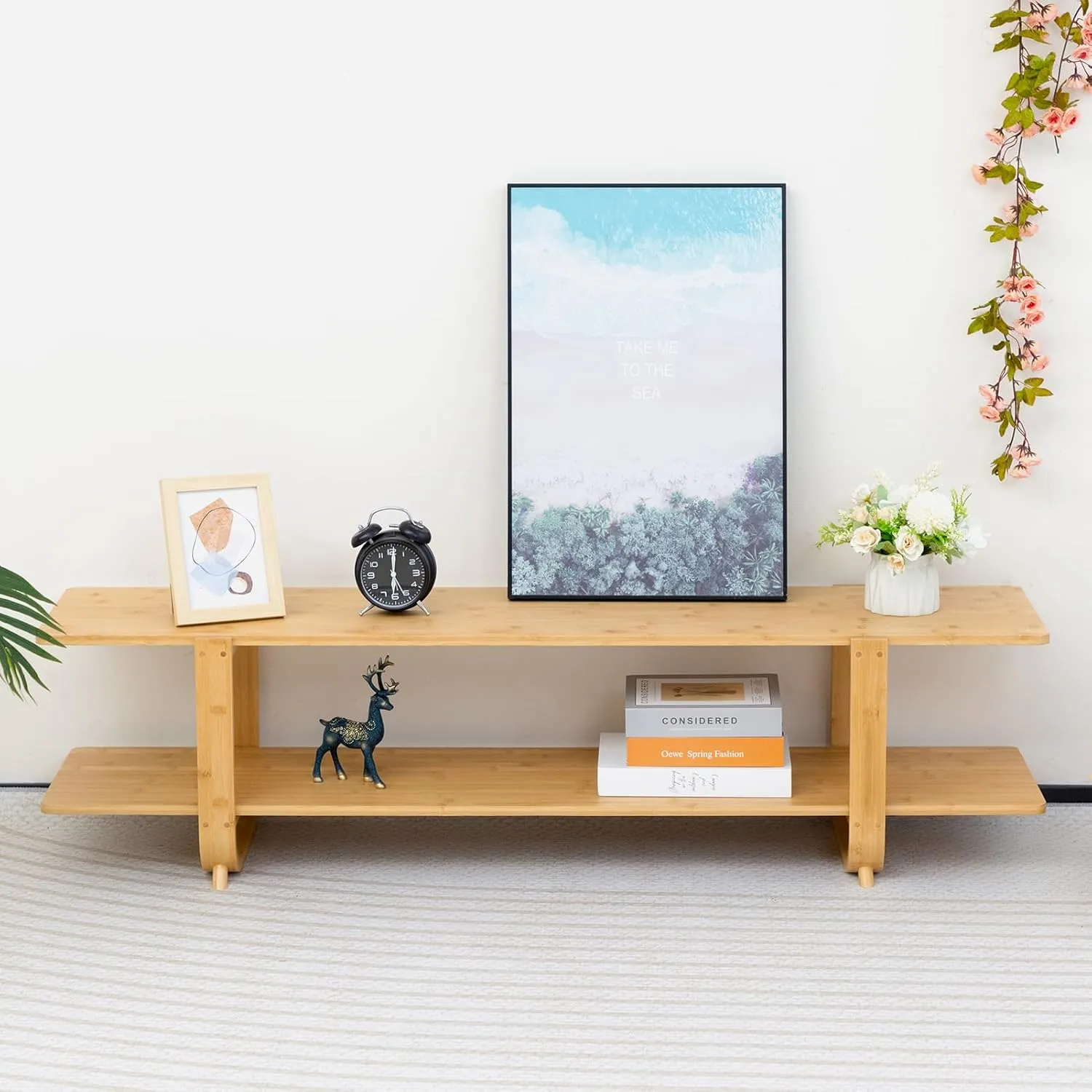 HollyHOME Bamboo TV Stand with Storage for TVs up to 65'', Modern Entertainment Center with 2 Open Shelf, Accent TV Media Console Table for Living Room, Bedroom, 55"(L), Burlywood