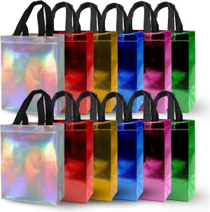 Holographic Reusable Gift Bags with Handles - 12 Pcs Mother's Day Gift Wrap Mix Color Glossy Party Favor Bag, Shiny Goodie Tote Welcome Bags for Birthday, Wedding, Holiday, Shopping 8x4x10 Inch
