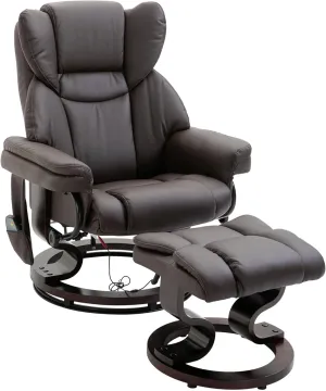 HOMCOM Massage Recliner Chair with Ottoman Footrest, 10 Vibration Points, 360° Swivel Reclining Chair, Faux Leather Living Room Chair with Side Pocket and Remote Control, Brown