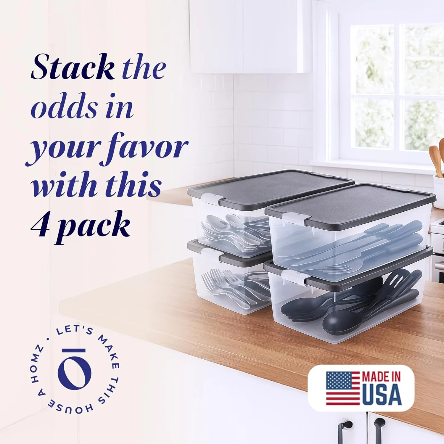 HOMZ 4-Pack Secure Latch, Clear Plastic Storage Organizer Bins, 15 Quart, Gray Lid - Stackable Container Boxes for Bedroom, Bathroom, Garage, and Office Organization