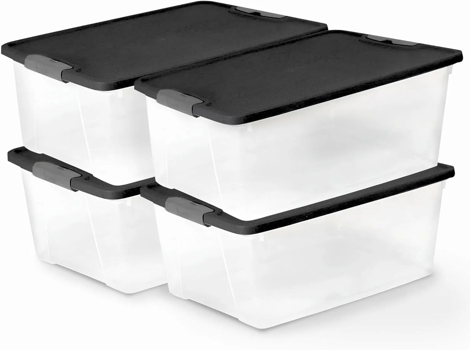 HOMZ 4-Pack Secure Latch, Clear Plastic Storage Organizer Bins, 15 Quart, Gray Lid - Stackable Container Boxes for Bedroom, Bathroom, Garage, and Office Organization