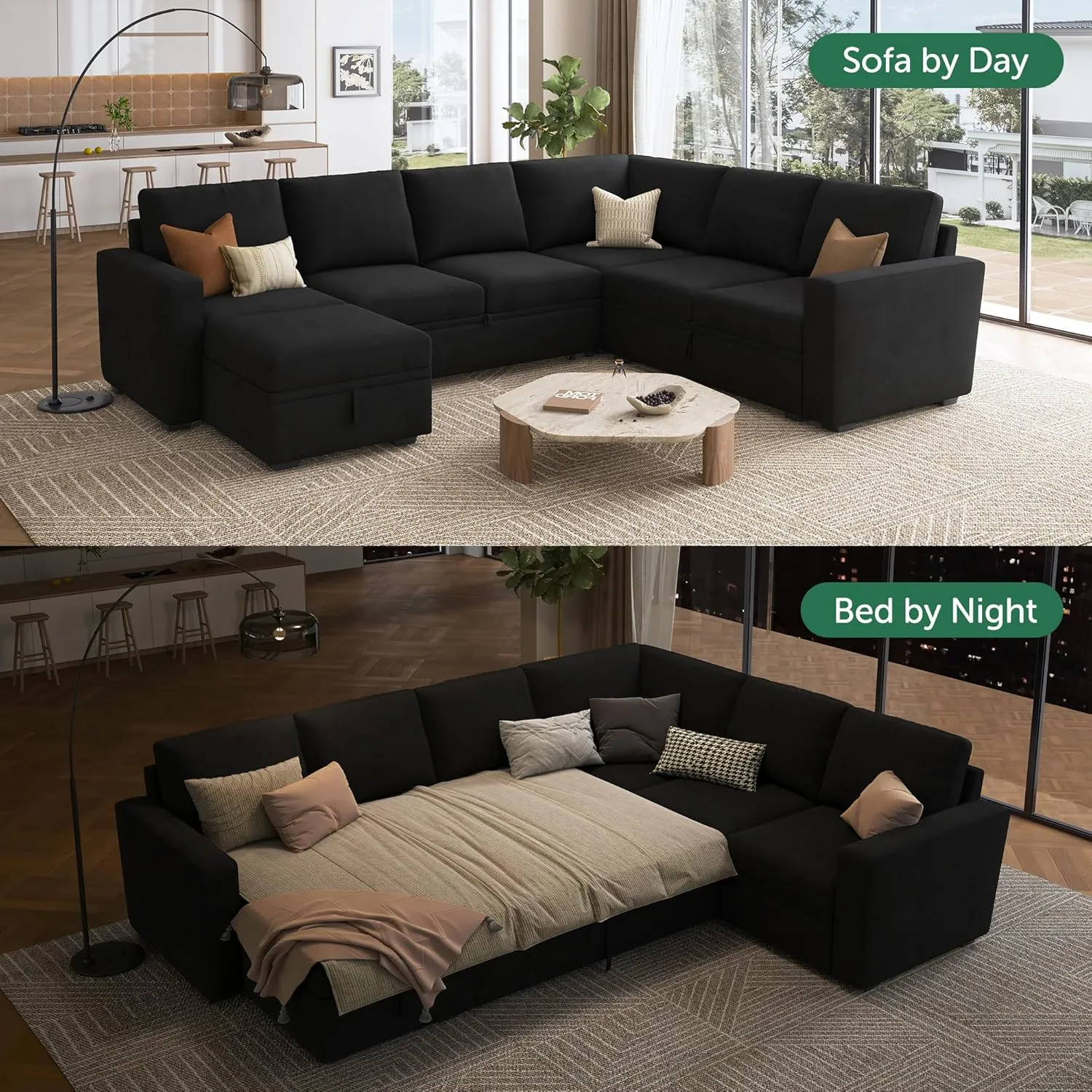 HONBAY Sectional Sleeper Couch with Pull Out Bed, U Shaped Sectional Sofa with Storage, Modular Velvet Sectional Couches for Living Room, Black