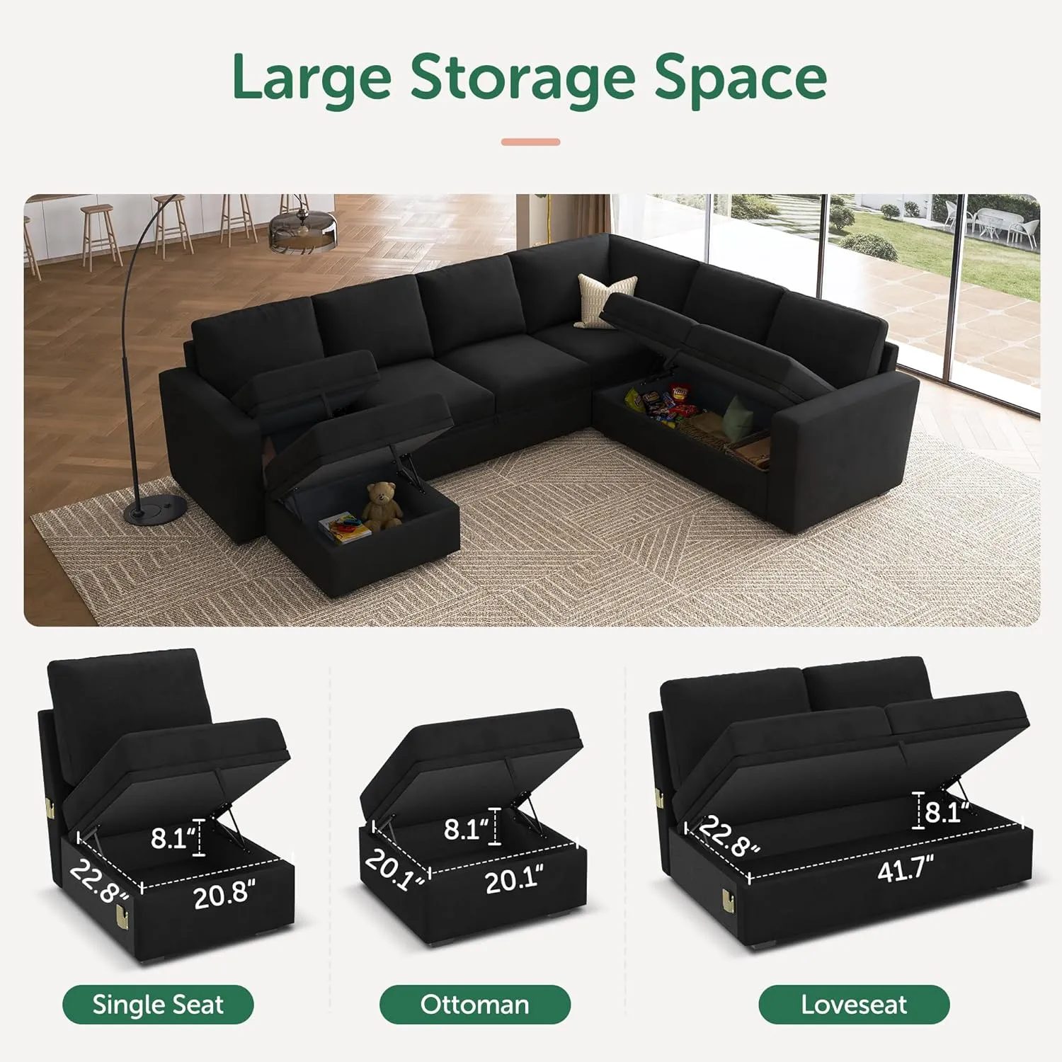 HONBAY Sectional Sleeper Couch with Pull Out Bed, U Shaped Sectional Sofa with Storage, Modular Velvet Sectional Couches for Living Room, Black