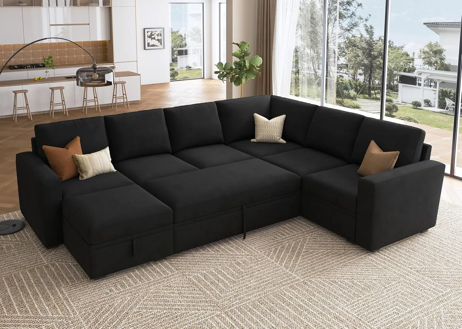 HONBAY Sectional Sleeper Couch with Pull Out Bed, U Shaped Sectional Sofa with Storage, Modular Velvet Sectional Couches for Living Room, Black