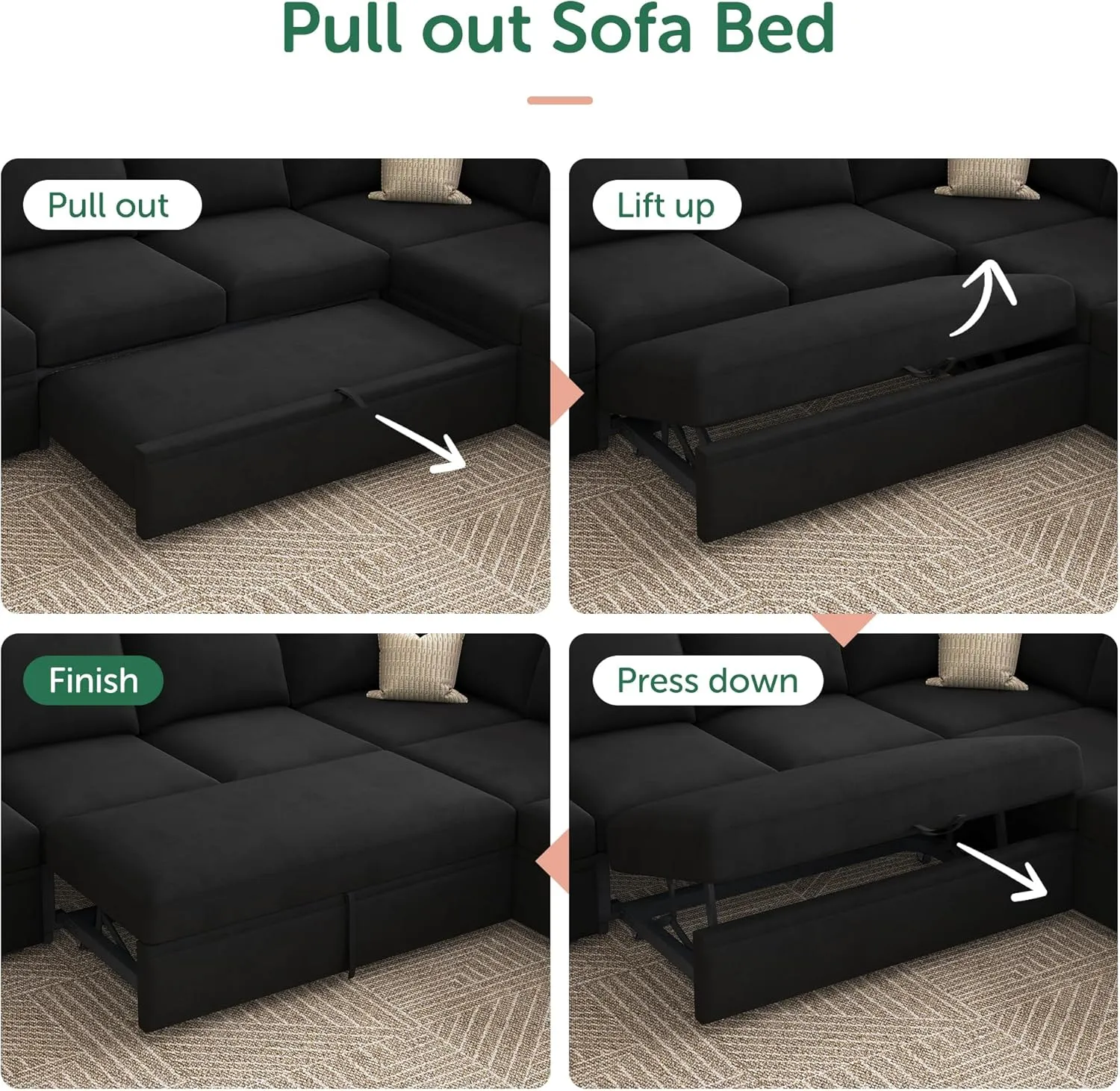 HONBAY Sectional Sleeper Couch with Pull Out Bed, U Shaped Sectional Sofa with Storage, Modular Velvet Sectional Couches for Living Room, Black