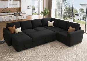 HONBAY Sectional Sleeper Couch with Pull Out Bed, U Shaped Sectional Sofa with Storage, Modular Velvet Sectional Couches for Living Room, Black