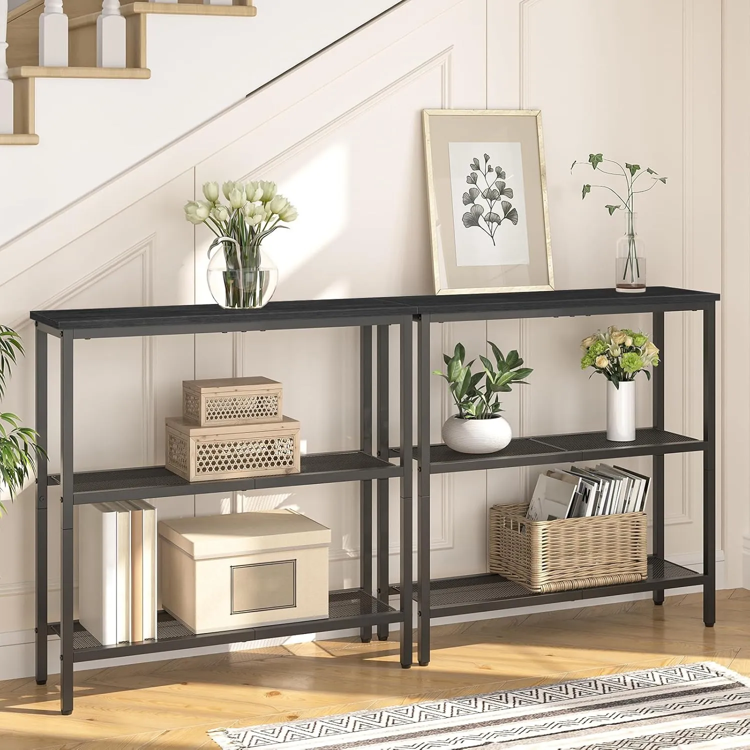 HOOBRO 29.5" Narrow Console Table, 3-Tier Entryway Table, Thin Sofa Table with Shelves, Side Table, Display Table, for Hallway, Entrance, Living Room, Bedroom, Black BB73XG01