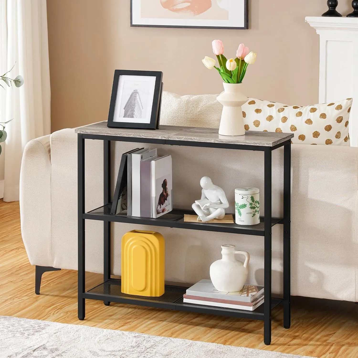 HOOBRO 29.5" Narrow Console Table, 3-Tier Entryway Table with Shelves, for Hallway, Entrance, Living Room, Bedroom, Greige and Black BG73XG01