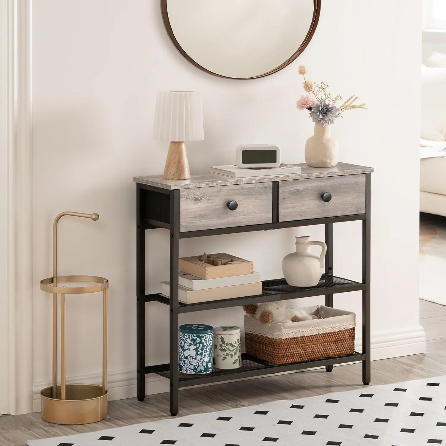 HOOBRO 29.5" Narrow Console Table with 2 Fabric Drawers, Small Entryway Table with 3-Tier Storage Shelves, Thin Sofa Table, Side Table, for Living Room, Hallway, Greige and Black BG72XG01