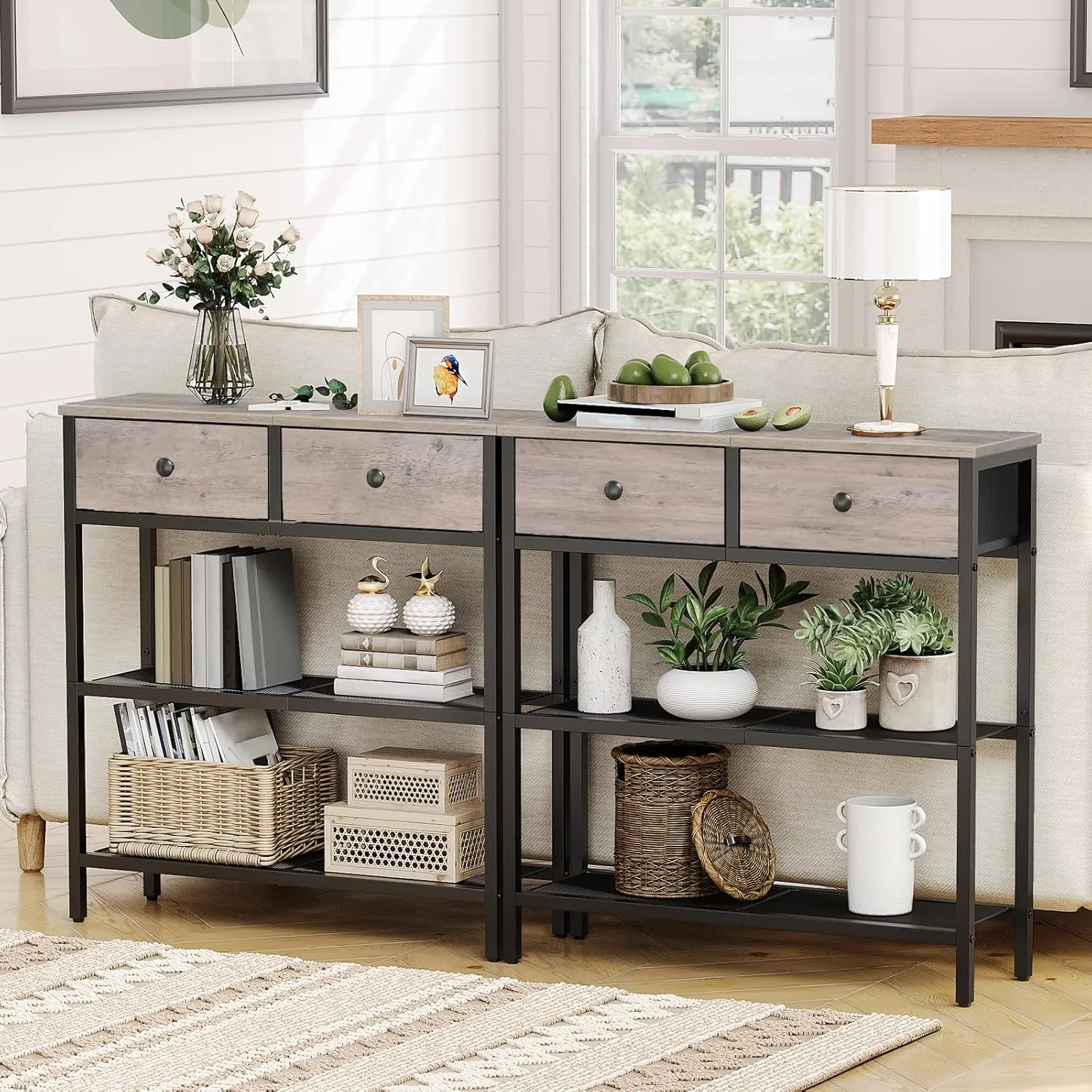 HOOBRO 29.5" Narrow Console Table with 2 Fabric Drawers, Small Entryway Table with 3-Tier Storage Shelves, Thin Sofa Table, Side Table, for Living Room, Hallway, Greige and Black BG72XG01