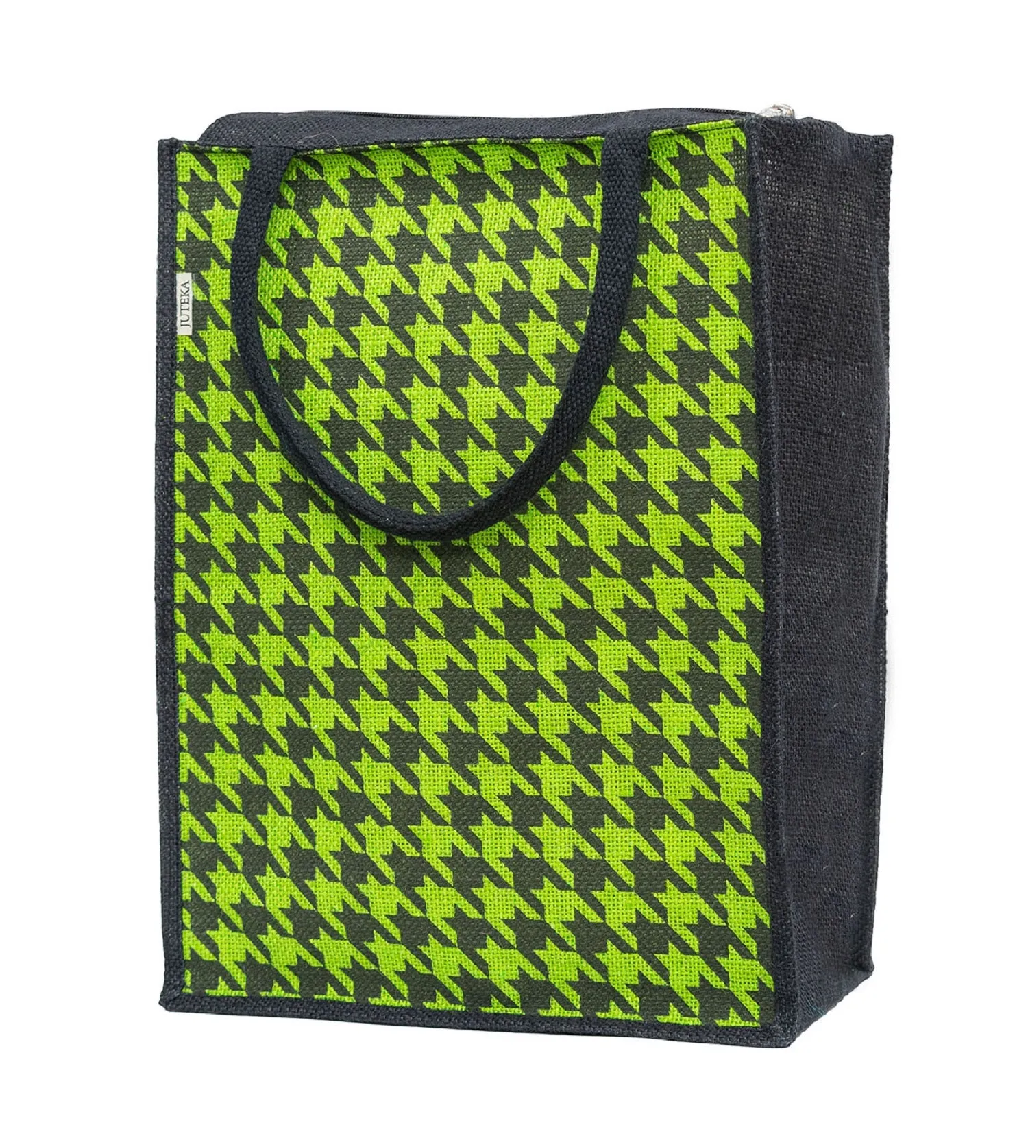 Houndstooth Jute Tote Bag with Zipper Closure