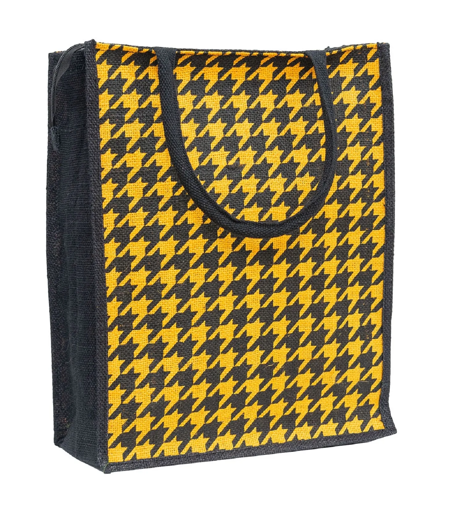 Houndstooth Jute Tote Bag with Zipper Closure