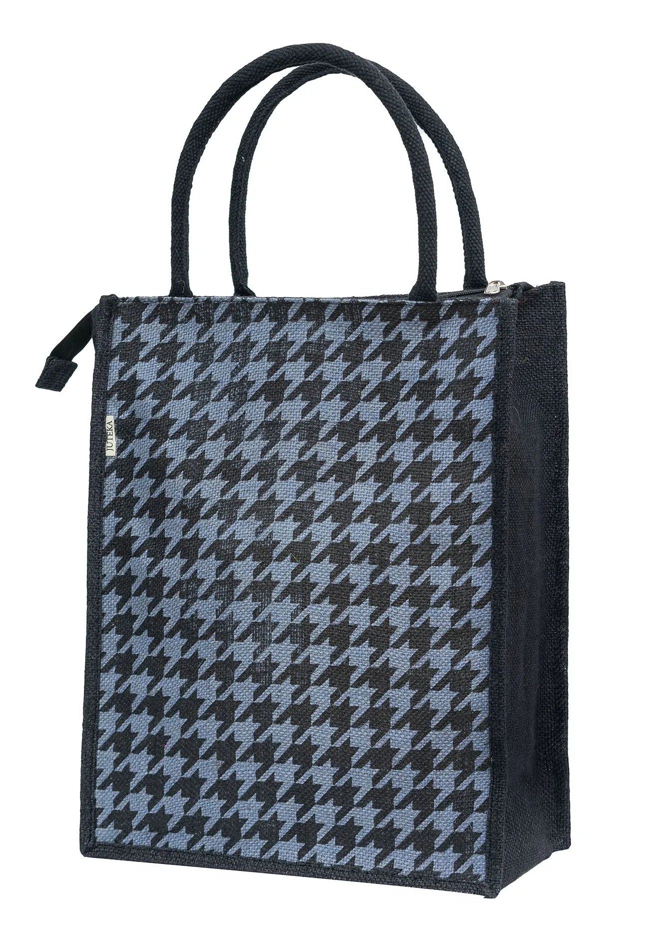 Houndstooth Jute Tote Bag with Zipper Closure