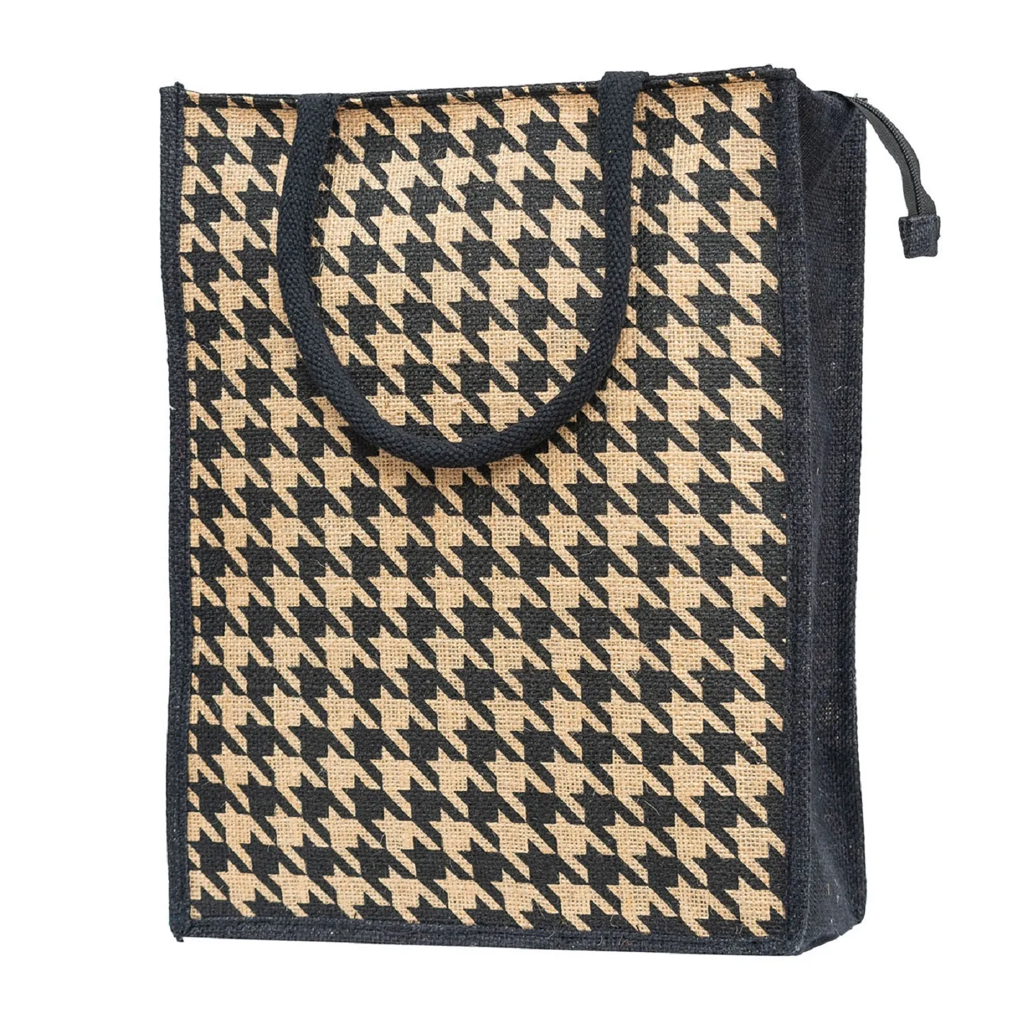 Houndstooth Jute Tote Bag with Zipper Closure