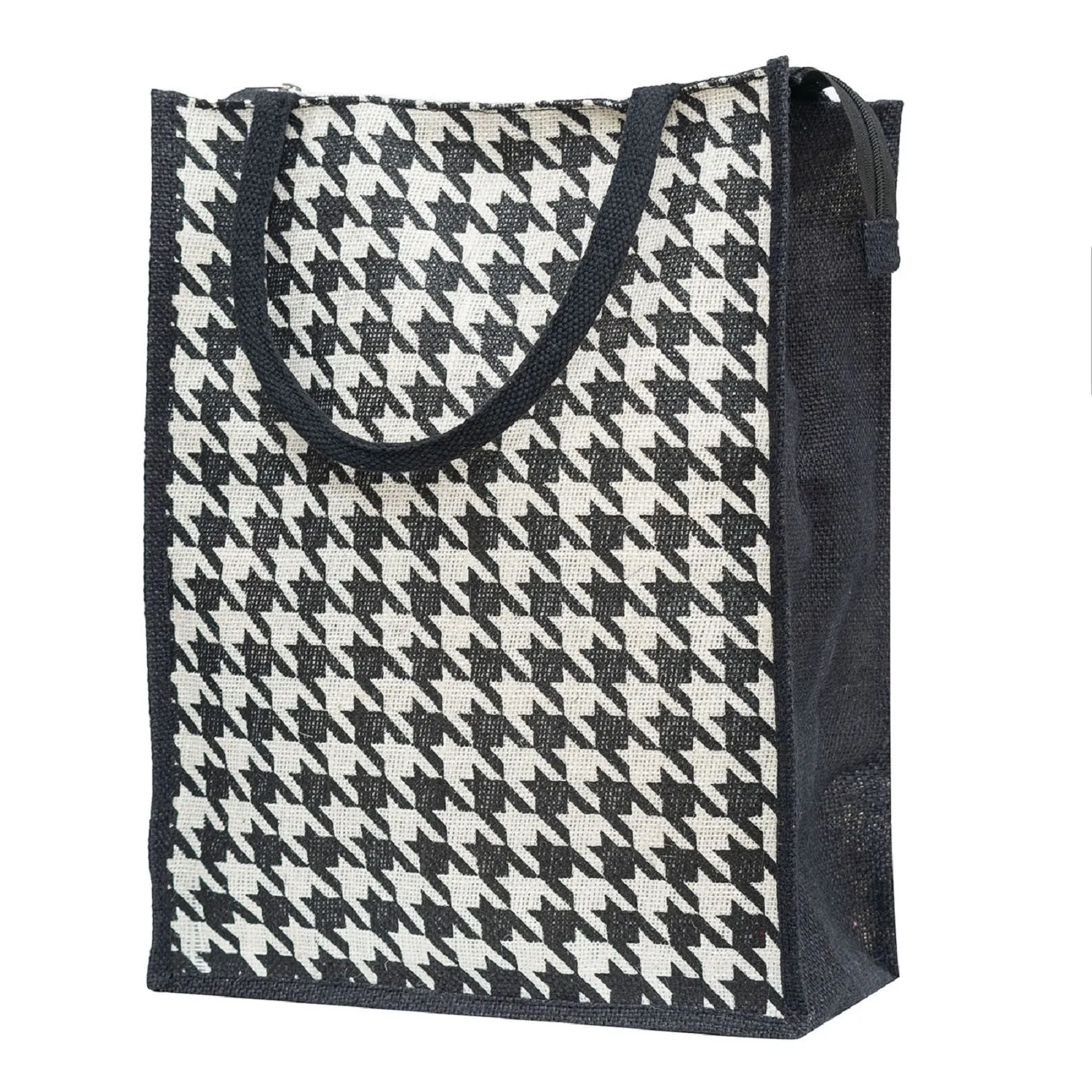 Houndstooth Jute Tote Bag with Zipper Closure