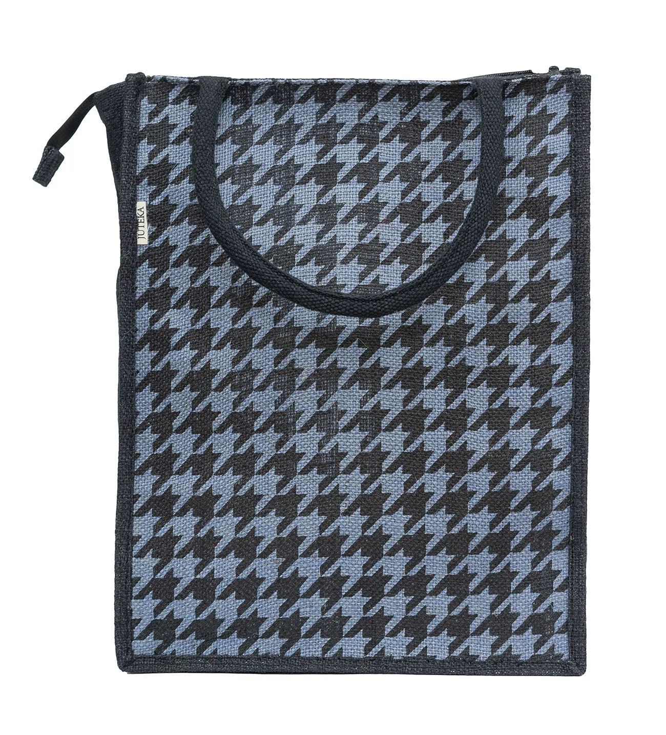 Houndstooth Jute Tote Bag with Zipper Closure