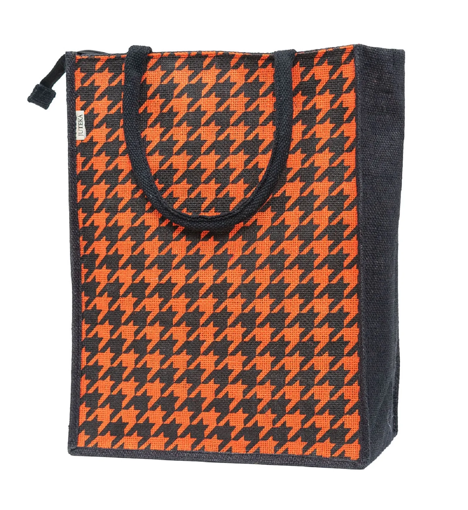Houndstooth Jute Tote Bag with Zipper Closure