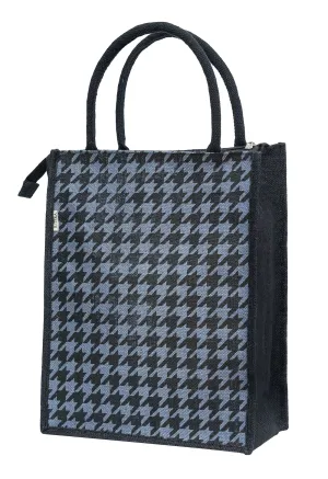 Houndstooth Jute Tote Bag with Zipper Closure