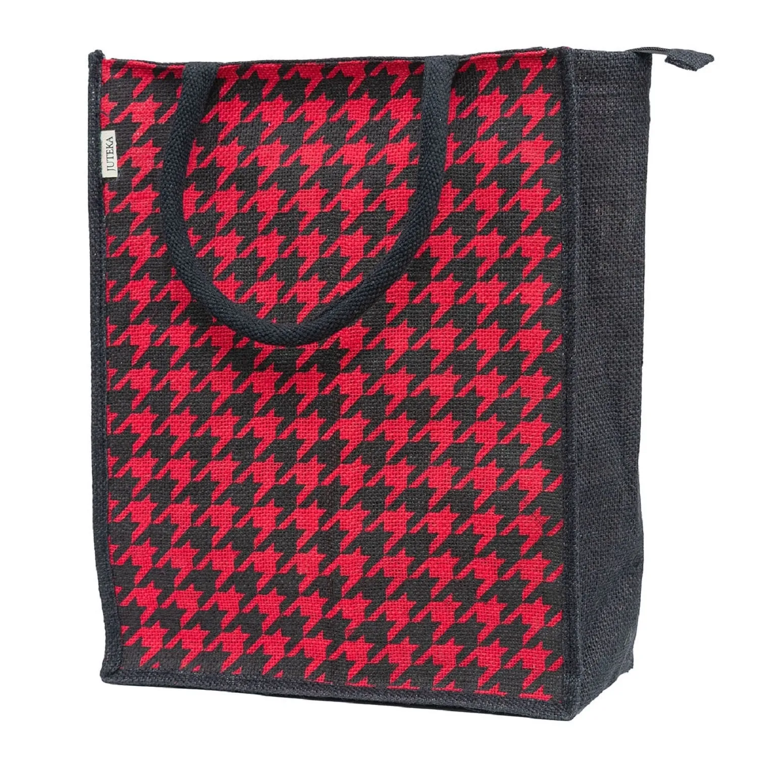 Houndstooth Jute Tote Bag with Zipper Closure