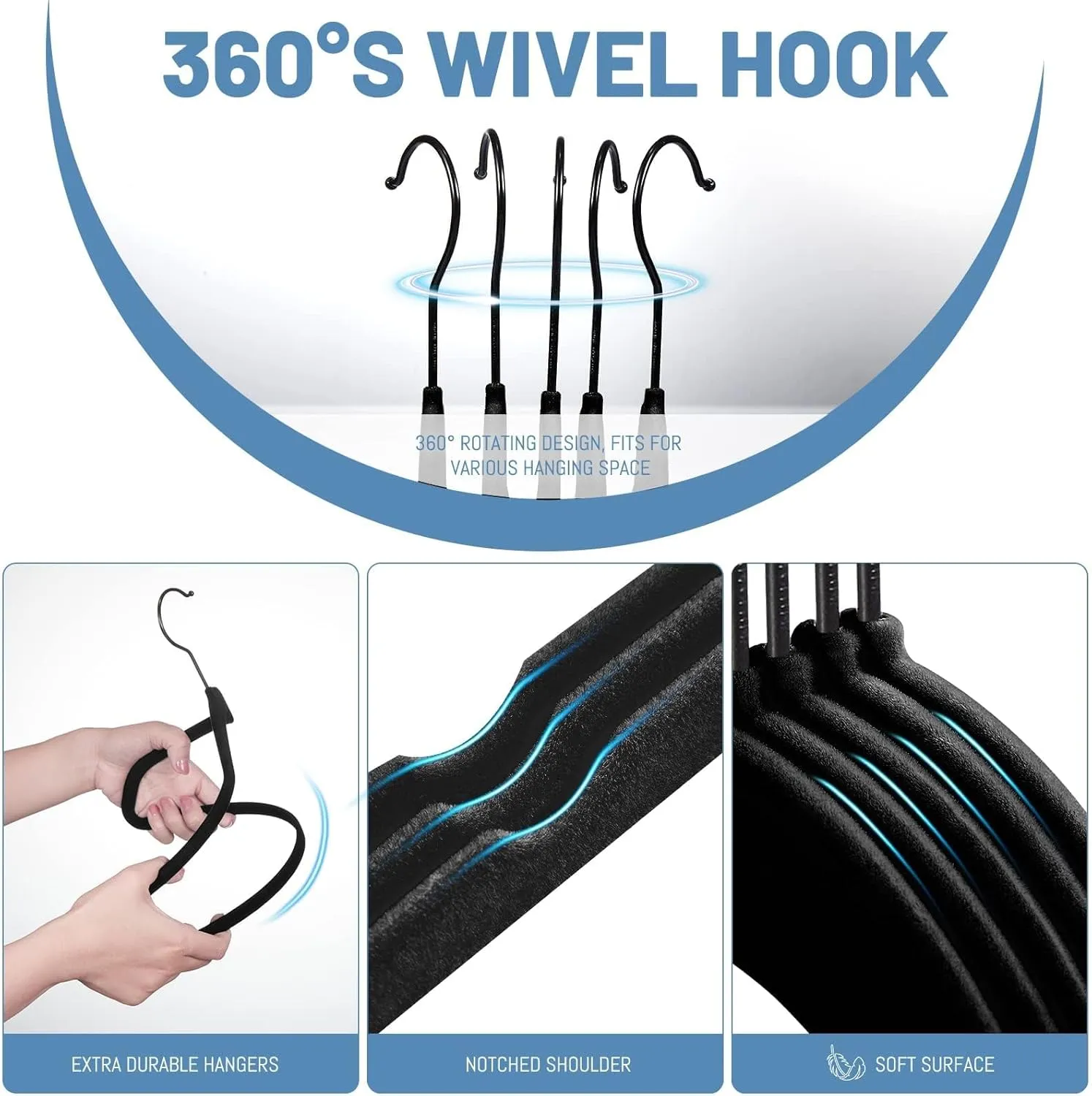 HOUSE DAY Black Velvet Hangers 60 Pack, Non Slip Felt Hanger, Slim Velvet Clothes Hangers for Suits, Shirt, Heavy Duty Coat Hanger for Closet