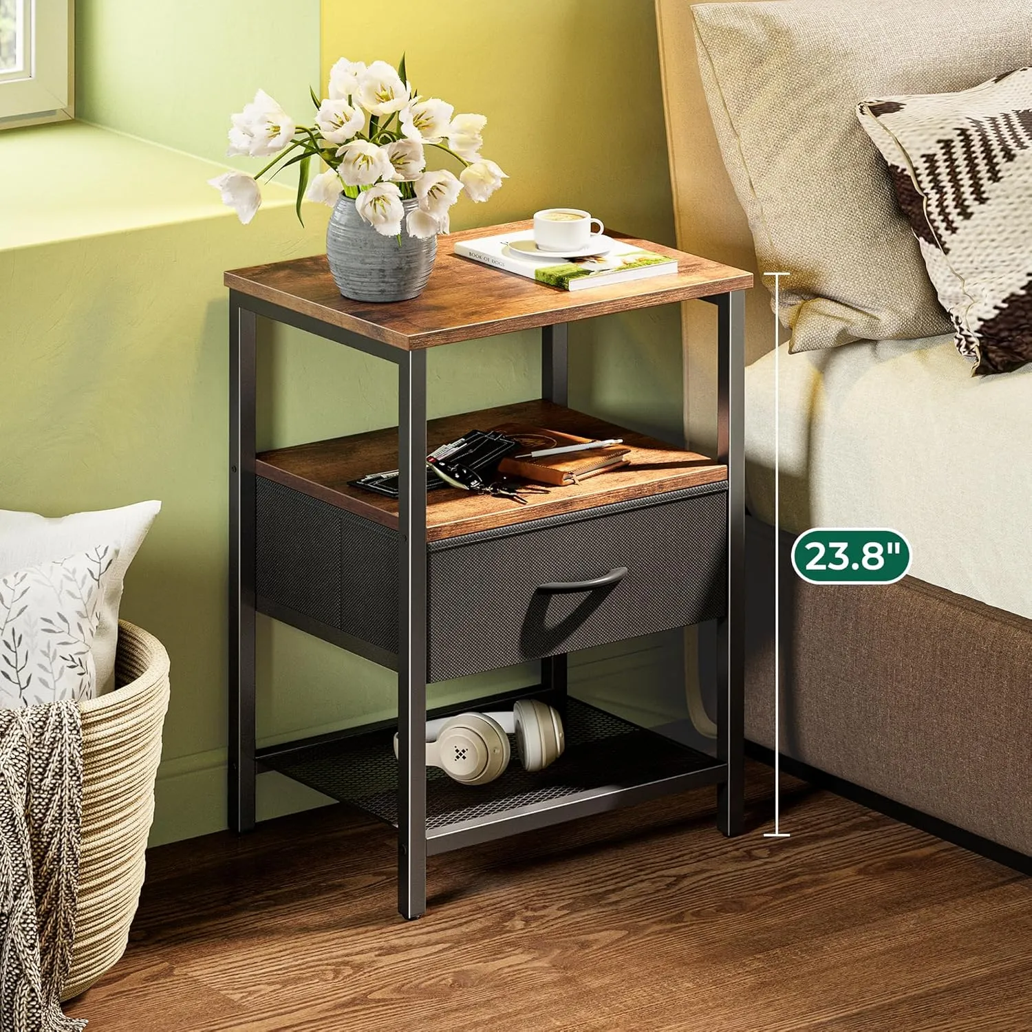 Huuger Night Stand with Fabric Drawer, Side Table with Mesh Shelf, Bedroom Nightstand, Fabric Drawer Dresser, Open Shelf, Metal Frame, Couch Side, Rustic Brown and Black