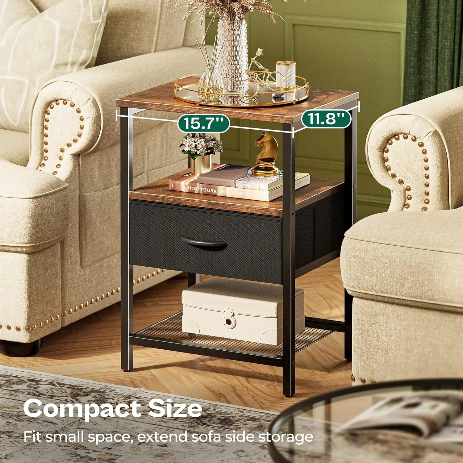 Huuger Night Stand with Fabric Drawer, Side Table with Mesh Shelf, Bedroom Nightstand, Fabric Drawer Dresser, Open Shelf, Metal Frame, Couch Side, Rustic Brown and Black