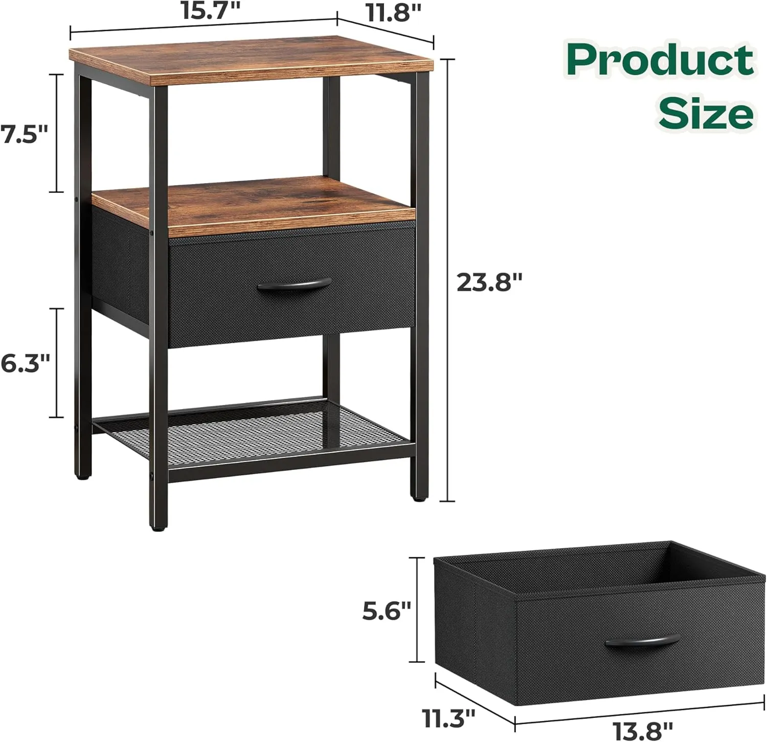Huuger Night Stand with Fabric Drawer, Side Table with Mesh Shelf, Bedroom Nightstand, Fabric Drawer Dresser, Open Shelf, Metal Frame, Couch Side, Rustic Brown and Black