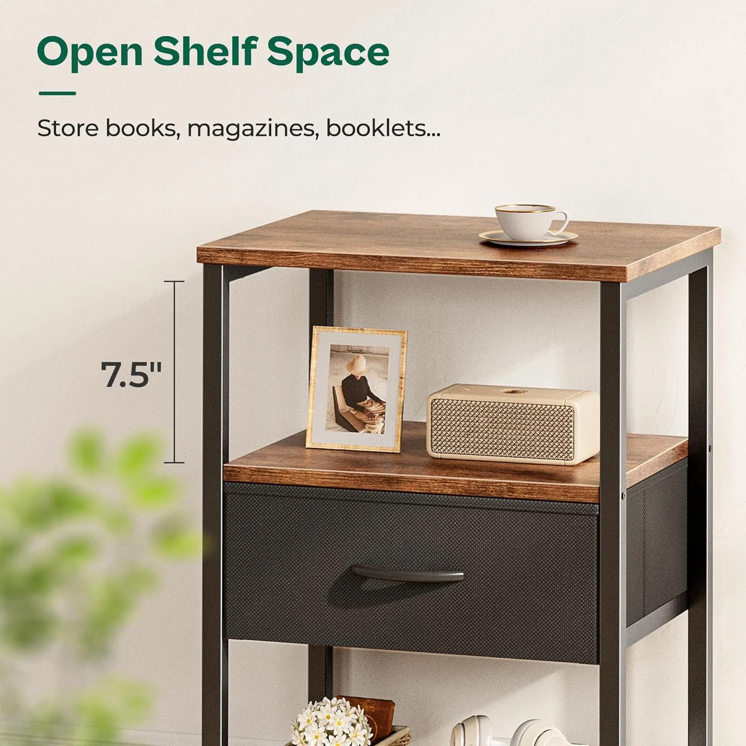 Huuger Night Stand with Fabric Drawer, Side Table with Mesh Shelf, Bedroom Nightstand, Fabric Drawer Dresser, Open Shelf, Metal Frame, Couch Side, Rustic Brown and Black