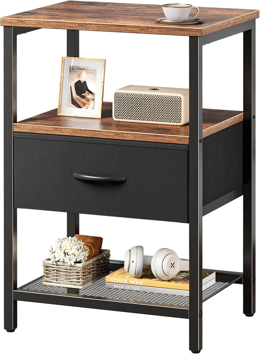 Huuger Night Stand with Fabric Drawer, Side Table with Mesh Shelf, Bedroom Nightstand, Fabric Drawer Dresser, Open Shelf, Metal Frame, Couch Side, Rustic Brown and Black