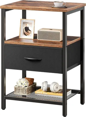 Huuger Night Stand with Fabric Drawer, Side Table with Mesh Shelf, Bedroom Nightstand, Fabric Drawer Dresser, Open Shelf, Metal Frame, Couch Side, Rustic Brown and Black