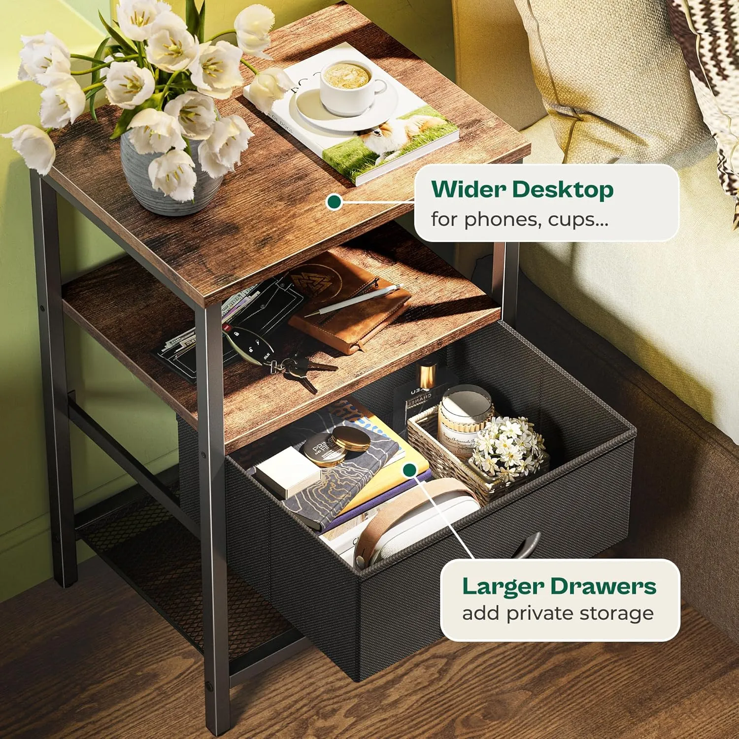Huuger Night Stand with Fabric Drawer, Side Table with Mesh Shelf, Bedroom Nightstand, Fabric Drawer Dresser, Open Shelf, Metal Frame, Couch Side, Rustic Brown and Black