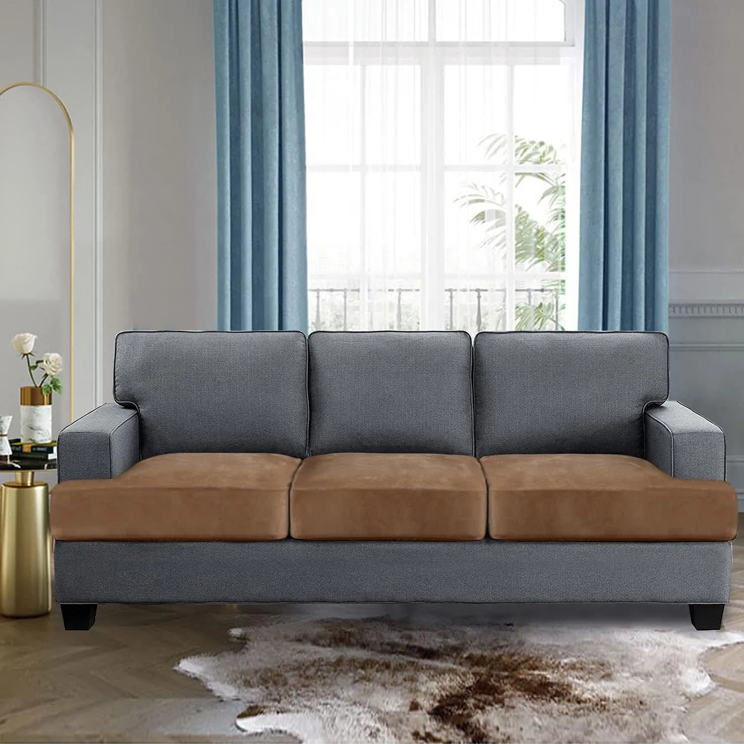 H.VERSAILTEX Stretch Velvet 3 Piece T Cushion Sofa Slipcovers - Individually Fitting Cushion Covers for 3 Cushion Couch - Stay in Place (Camel)