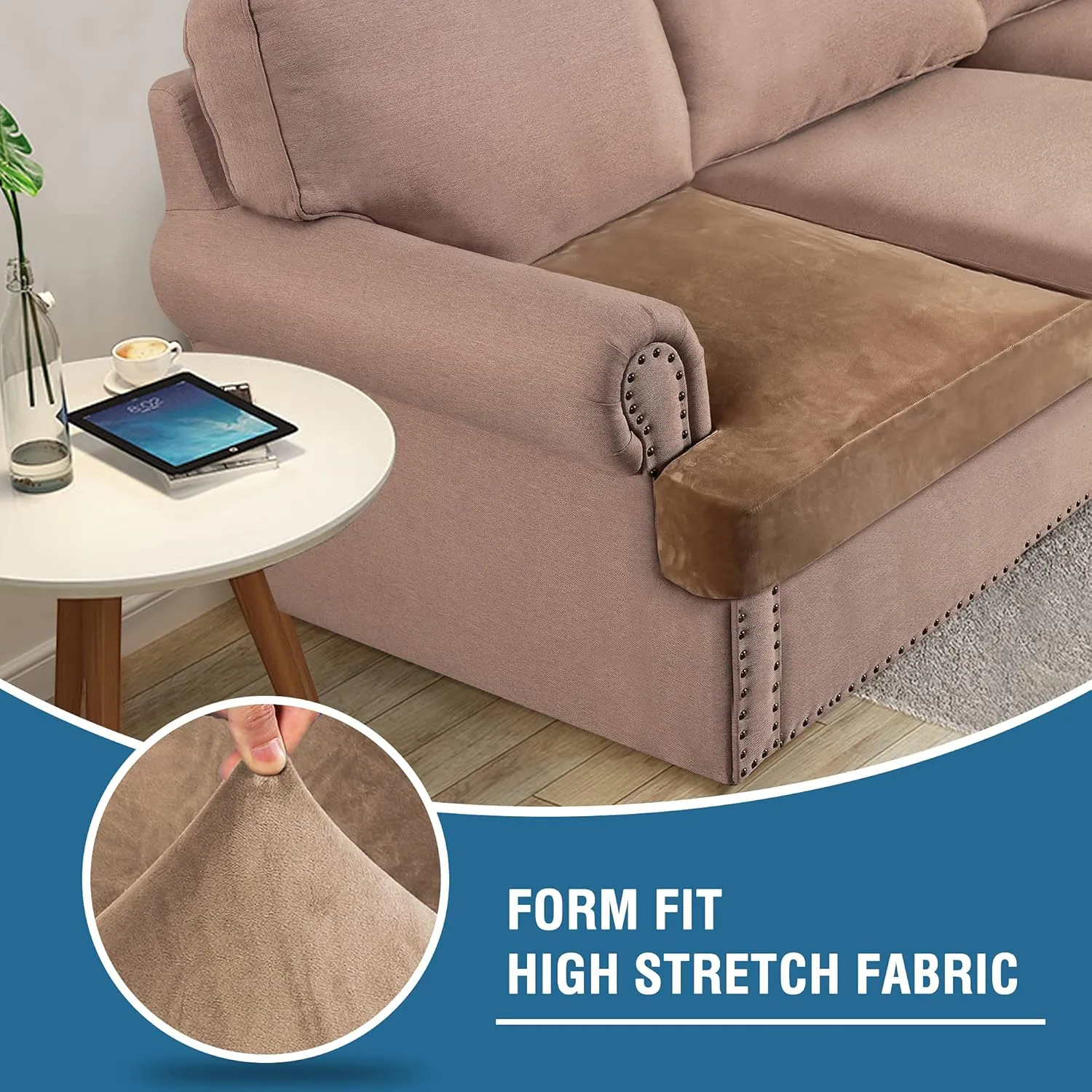 H.VERSAILTEX Stretch Velvet 3 Piece T Cushion Sofa Slipcovers - Individually Fitting Cushion Covers for 3 Cushion Couch - Stay in Place (Camel)