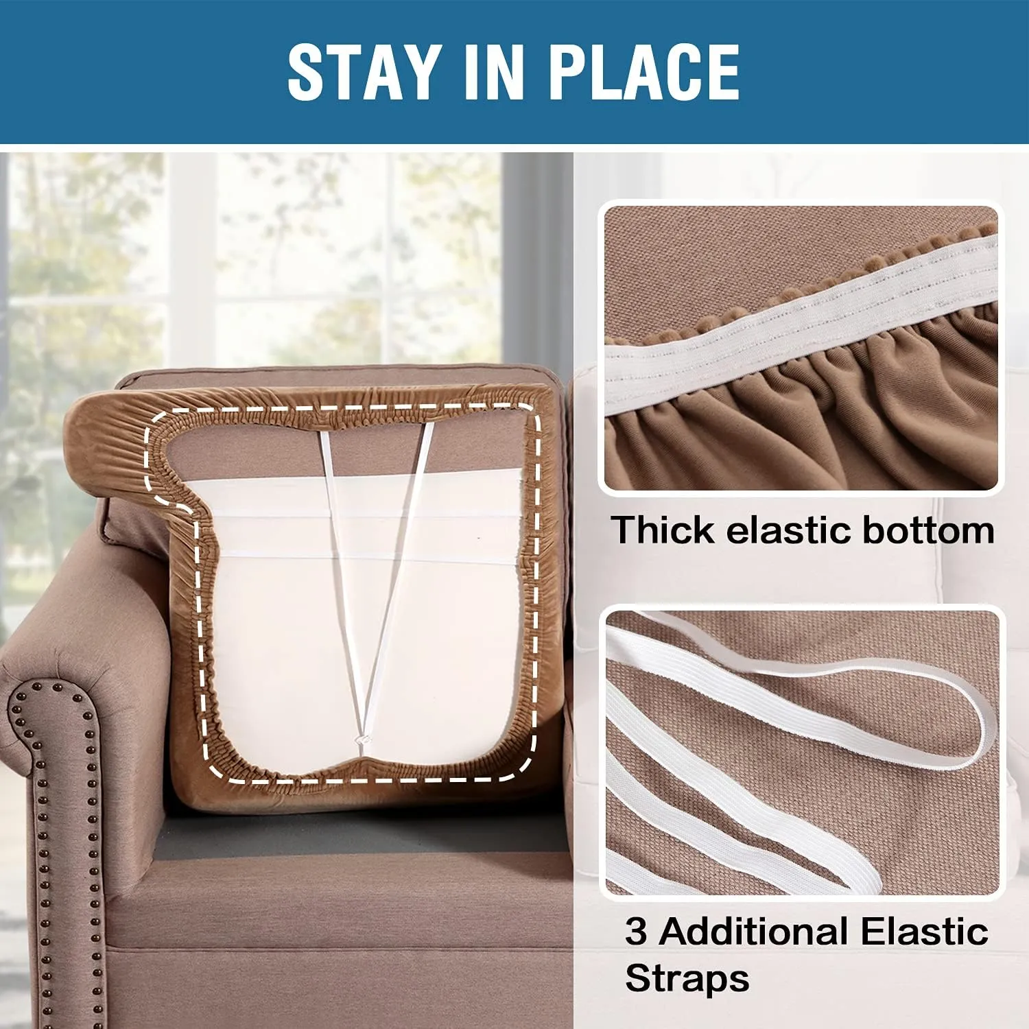 H.VERSAILTEX Stretch Velvet 3 Piece T Cushion Sofa Slipcovers - Individually Fitting Cushion Covers for 3 Cushion Couch - Stay in Place (Camel)