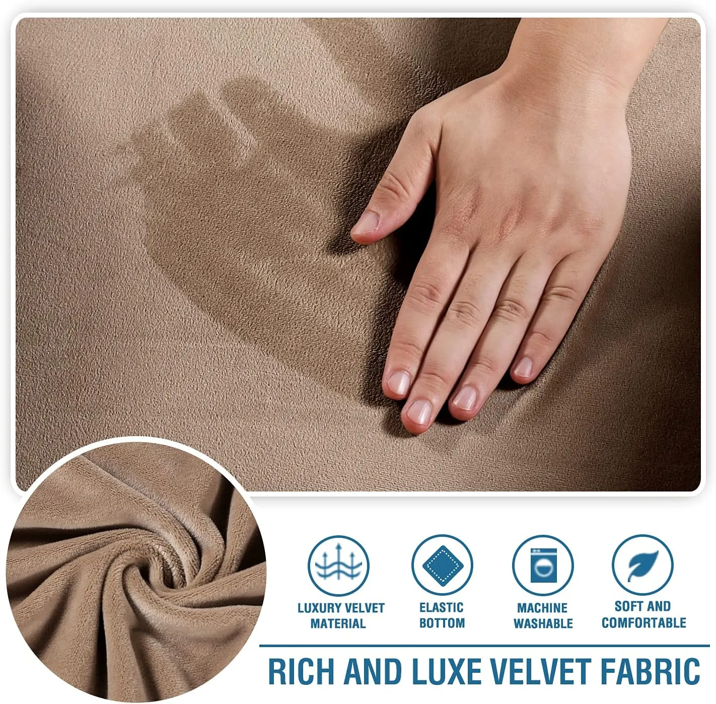 H.VERSAILTEX Stretch Velvet 3 Piece T Cushion Sofa Slipcovers - Individually Fitting Cushion Covers for 3 Cushion Couch - Stay in Place (Camel)