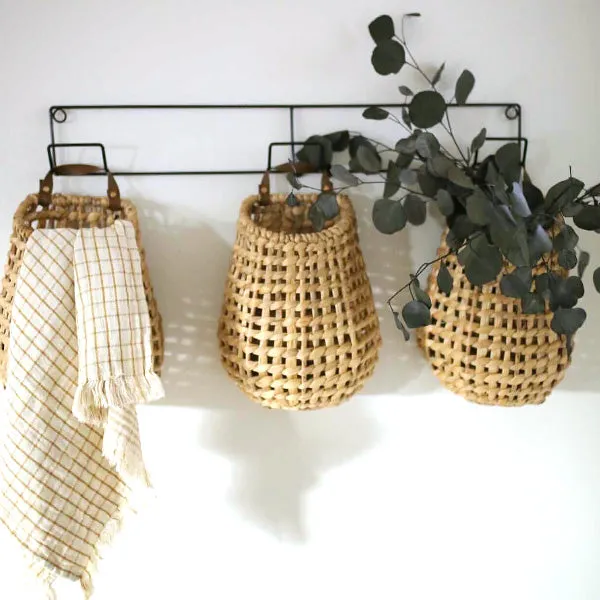 Hyacinth Wall Baskets on Hanging Racks, Set of 3